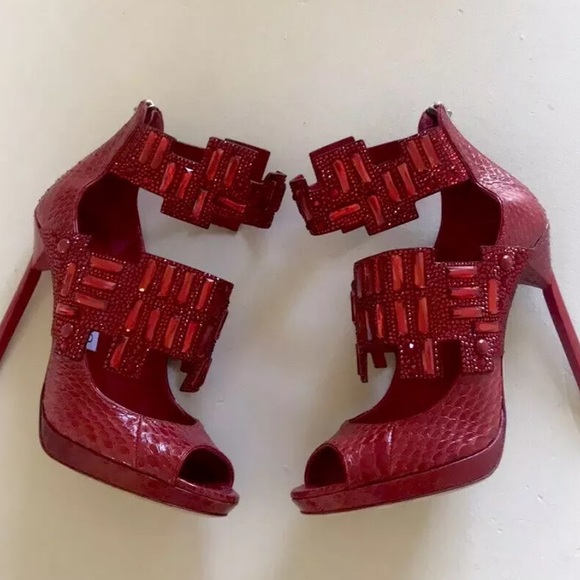 Jimmy Choo Jing Embellished Snakeskin Sandals - Picture 6 of 8